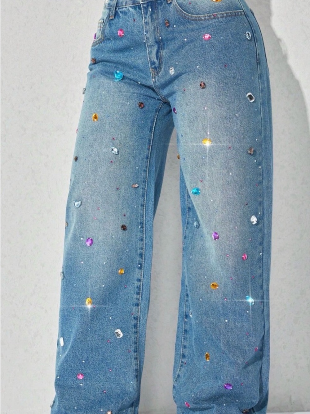 Women's Light Blue Embellished Straight-Leg Jeans